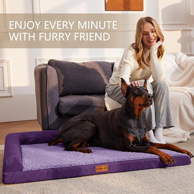 Patas Lague Orthopedic XL Dog Bed Large Sized Dog 48''X30'', Waterproof L Bolster Big Pet Sofa Beds with Removable Washable Cover, Soft Comfortable Pet Couch Crate Mat with Nonskid Bottom, Purple