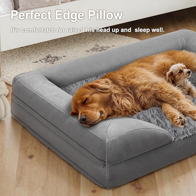 Gimars 3.7in Thickened Orthopedic Dog Bed for Large Dogs, Supportive Washable XL Dog Sofa Bed with Bolster & 28D Egg-Crate Mattress, Waterproof Lining for Anti Chewing & Biting
