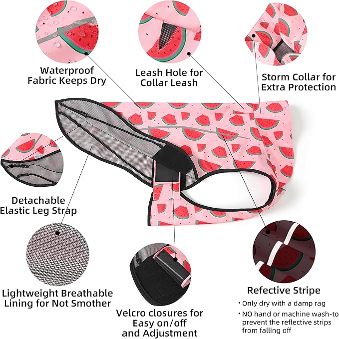 Mile High Life Dog Raincoat, Adjustable Waterproof Reflective Rain Jacket for Small Medium Large Dogs, Lightweight Breathable Pet Rain Coat with Leash Hole(Pink Watermelon,L Chest 32-40")