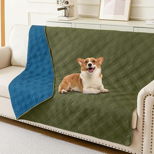 hyha Waterproof Dog Blanket, Reversible Pet Bed Blanket, Soft Sofa Couch Cover for Dogs Washable, Waterproof Pet Couch Covers for Sofa Puppy Cats Furniture Protector(52"x82", Green/Navy Blue)