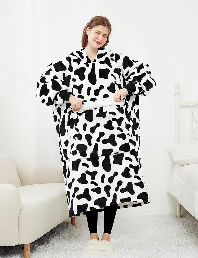 KFUBUO Wearable Blanket Hoodie for Adult Long Sherpa All Patterns Cow Oversized Hoodie Sweatshirt Blanket Cute Birthday Gifts for Women