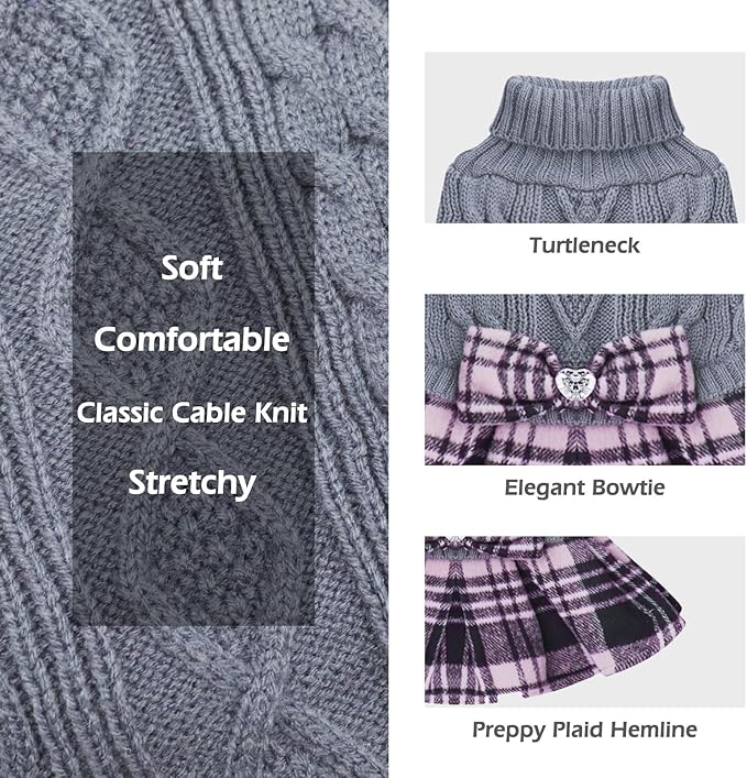 KYEESE Dog Sweater Stretchy Knitwear Pet Sweater Dress Soft Turtleneck Cat Sweaters Warm Pullover Pet Coats Comfy Dogs Clothes with Bowtie Thick Dog Sweaters for Small Dogs Male, Grey, X-Large