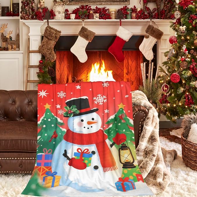 Christmas Snowman Throw Blankets for Children, Xmas Tree Snowflake Soft Anti Pilling Flannel Blanket, Winter Lightweight 40X50 in Fleece Blanket for Bed Couch Chair Living Decorative