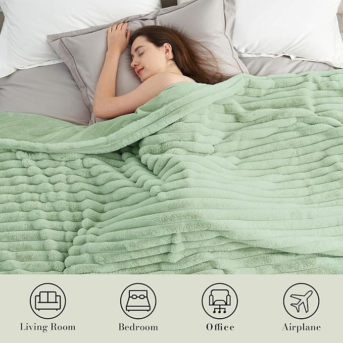 Amélie Home Faux Fur Throw Blanket for Couch, Cozy Fuzzy Fluffy Fur Luxurious Soft Striped Plush Gift Blankets for Family Sofa Chair Bedroom, 55"x70", Sage Green