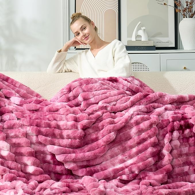 Cozy Bliss Faux Fur Throw Blanket for Couch, Cozy Warm Plush Striped Blanket for Sofa Bedroom Living Room, 90 * 90 Inches Tie-dye Pink