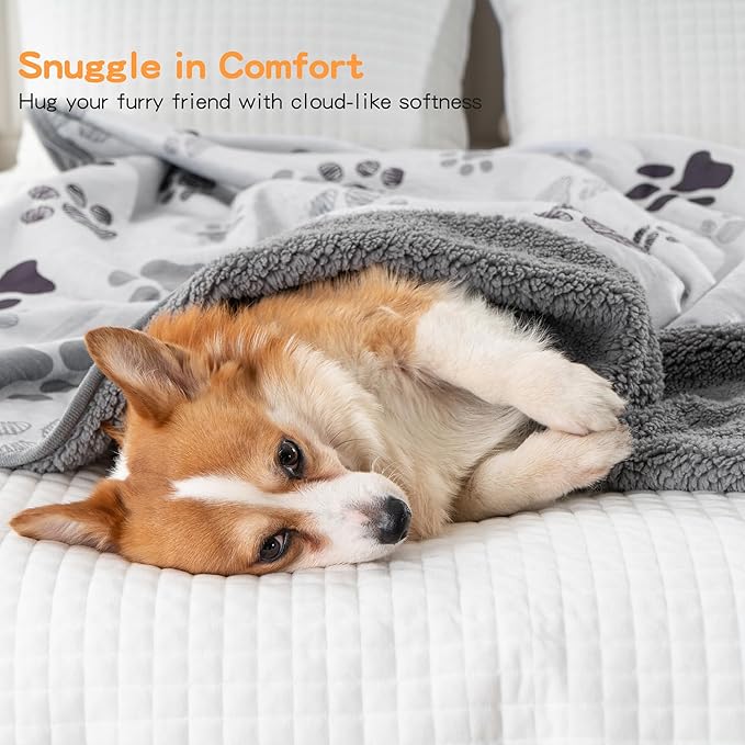 Waterproof Dog Blankets Pet Blanket 60"x80", Soft Fluffy Sofa Car Bed Protector, Reversible Sherpa Fleece Dog Blanket for Large Dogs (Light Grey-Paws)