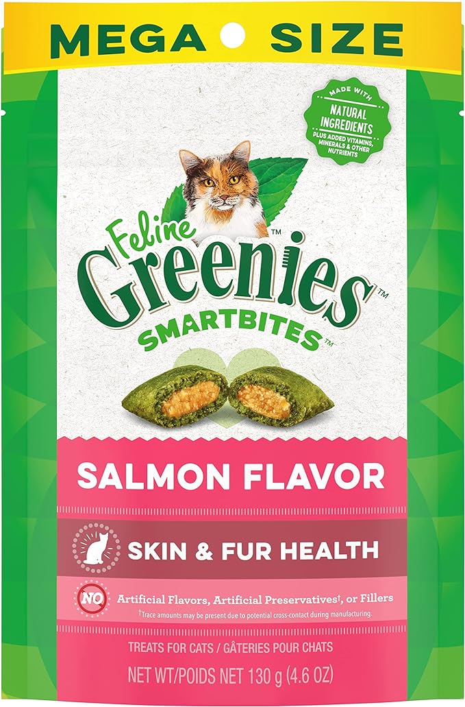 Greenies Feline Smartbites Skin & Fur Health Crunchy and Soft Cat Treats, Salmon Flavor, 4.6 oz. Pack