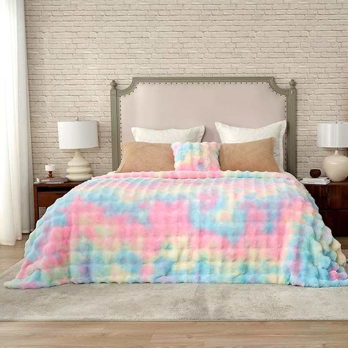 Cozy Bliss Faux Fur Throw Blanket for Couch, Bubble Plush Blanket King Size, Fuzzy Soft & Thick Blanket for Bed Sofa Living Room, 108x90 Inches Tie-dye Rainbow