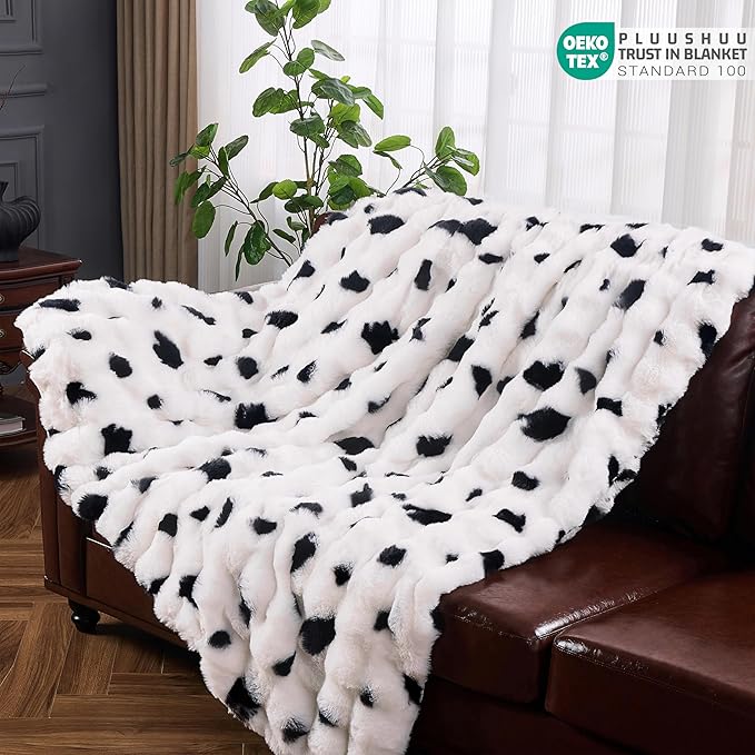 Faux Fur Throw Blanket for Couch, Fluffy Fuzzy Plush Bubble Blanket, Soft Warm Cozy Shaggy Rabbit Blanket, Luxury Decorative Gifts for Sofa Bedroom Living Room, 60x50inch (Cow Color)