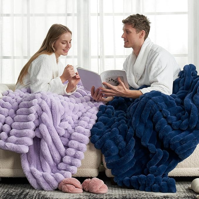 Cozy Bliss Faux Fur Throw Blanket for Couch, Cozy Warm Plush Striped Blanket for Sofa Bedroom Living Room, 60 * 80 Inches Navy Blue