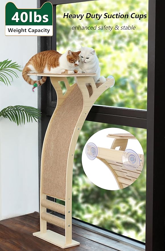 Cat Window Perch with Scratcher Ramp, 48" Climbing Tree Suctions Cups to Window Maximum Hold Up to 45lb, Wood Kitty Bed for Small Window