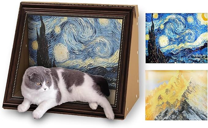 Horizontal Oil Painting Cat Scratcher & Bed - Durable Art Frame with Replaceable Art, Cat House for Indoor Cats Simple-Assembled Bed Couch Cave Condo Home Decoration(Starry Night & Gold Mountain)