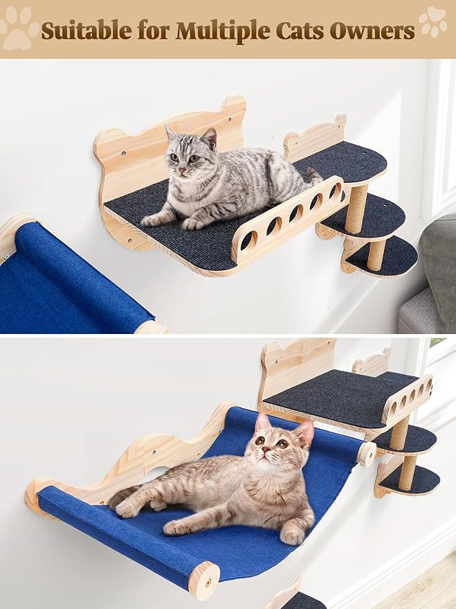 Cat Wall Shelves, 8 in 1 Cat Wall Furniture Set for Large Adult Kittens, Wooden Climbing Wall Shelves with Scratching Post, Hammock, Jumping Platform, Steps