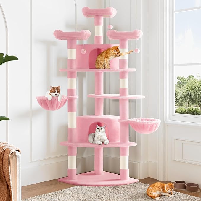 Allewie 73in Fan-Shaped Space-Saving Corner Cat Tower/Multi-Level Tall Cat Tree for Indoor Kitties/Cozy Baskets/Condos/House/Perches/Sisal Scratching Posts/Pet Activity Center/Pink