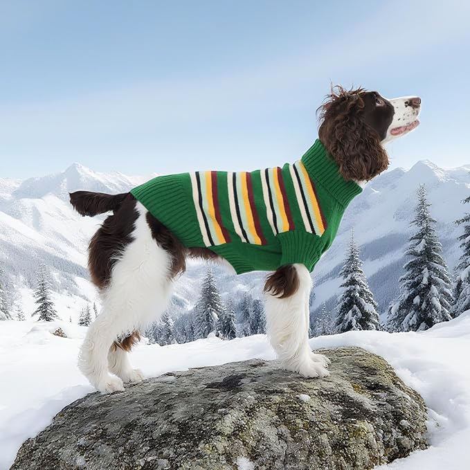 Kuoser Dog Sweater, Dog Sweaters for Small Dogs, Doggie Christmas Clothes, Turtleneck Striped Knitwear, Pet Winter Outfit for Frech Bulldog, Boston Terrier, Green M