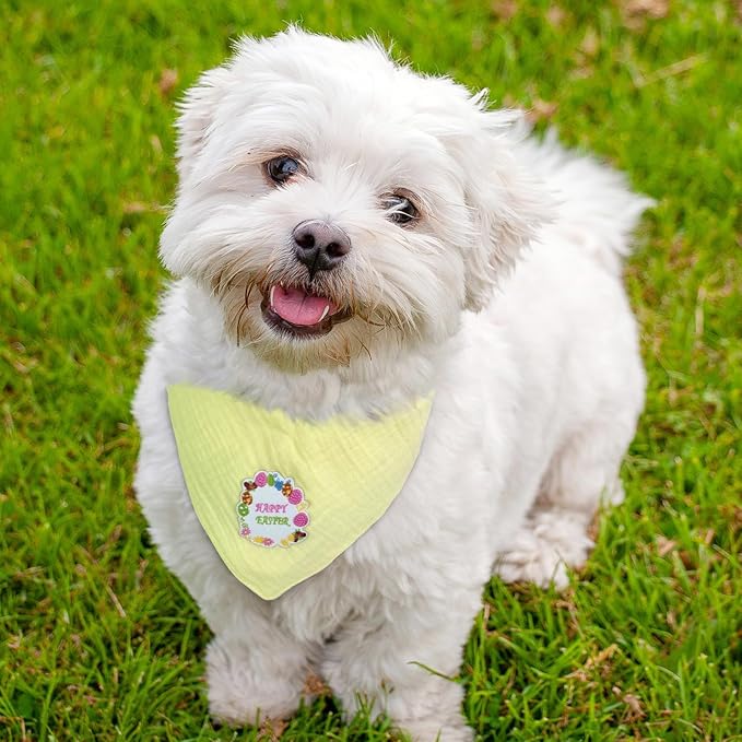 Easter Pet's Cotton Bandanas with Adustable Button for Medium Dog Solid Color Letter Embroidered Scarf,Yellow,Medium