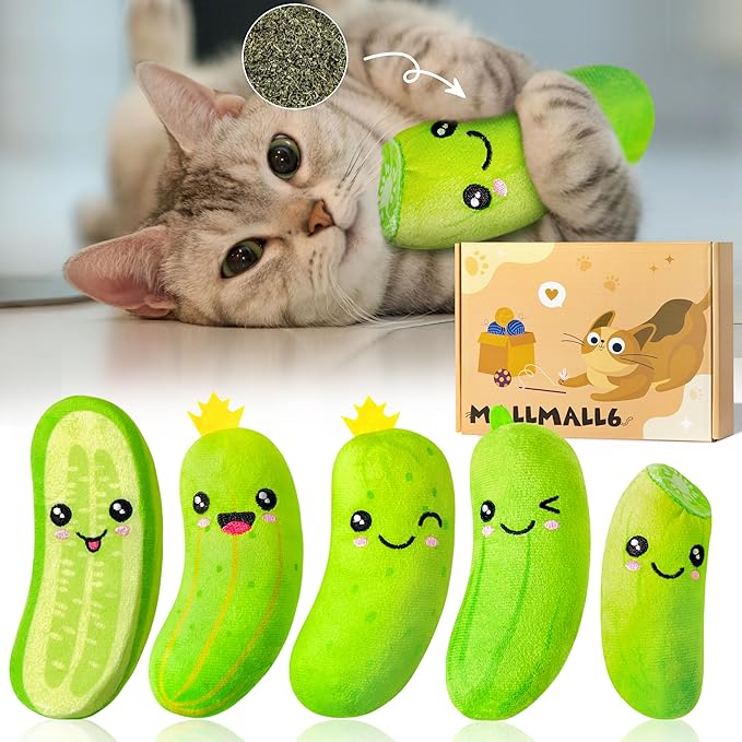 MALLMALL6 Pickle Catnip Cat Toys - 5Pcs Indoor Kitten Chew Bite Kick Cucumber Catmint Interactive Toys for Cat Lover Gifts, Kitty Boredom Relief Supplies with Cute Expression for Pet Birthday Presents