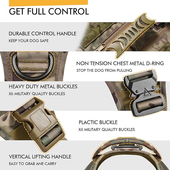 Tactical Dog Harness for Medium and Large Dogs No Pull Adjustable Dog Vest for Training Walking Military Dog Harness with Handle Service Dog Vest with Molle Panels Camouflage,L,with 2 Pouches