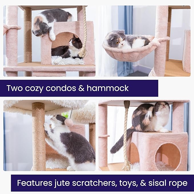 Catry 74.5" High 7-Level Extra Large Cat Tree with 2 Condos,2 Hammock,3 Washable Top Beds, Scratching Ramp Pad, Replaceable Scratching Posts, for Multi-Cat Homes (Light Brown &White)