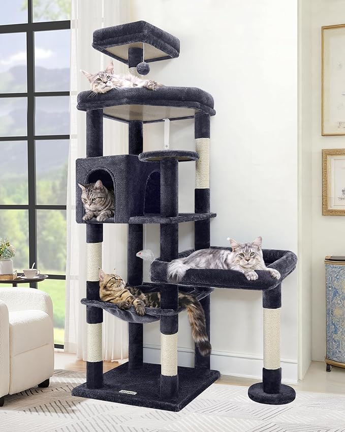 Globlazer Extra Large Platform Cat Tree, 65in Sturdy Cat Scratching Tree for Indoor Cats Large Adult, Big Cat Perch Tower with 3 Padded Perches, 6 Scratching Posts, Cat Condo, Hammock, S65, Dark Grey