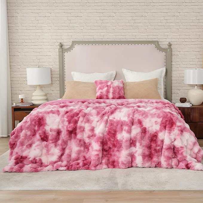 Cozy Bliss Faux Fur Throw Blanket for Couch, Bubble Plush Blanket King Size, Fuzzy Soft & Thick Blanket for Bed Sofa Living Room, 108x90 Inches Tie-dye Pink
