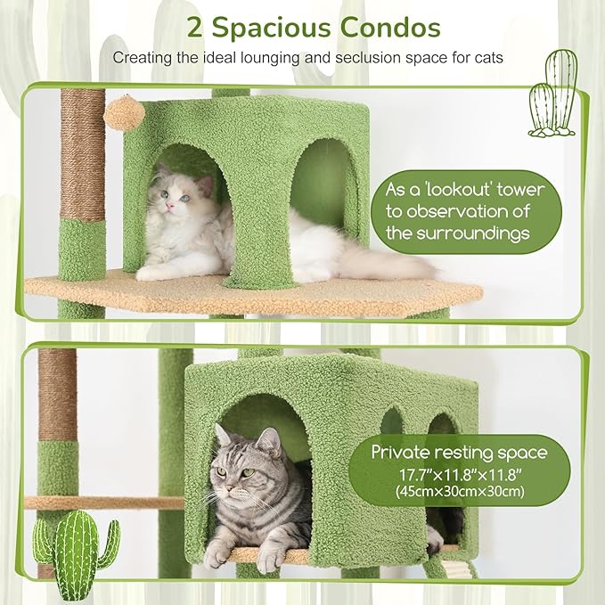 Globlazer Cactus Cat Tree Tower, 70inch Heavy Duty Cat Tree for Indoor Cats Sturdy Large Cat Tower with Scratching Post and Scratching Board, Hammock, Cat Condo for Adult Cats Kittens, F70 Pro, Green