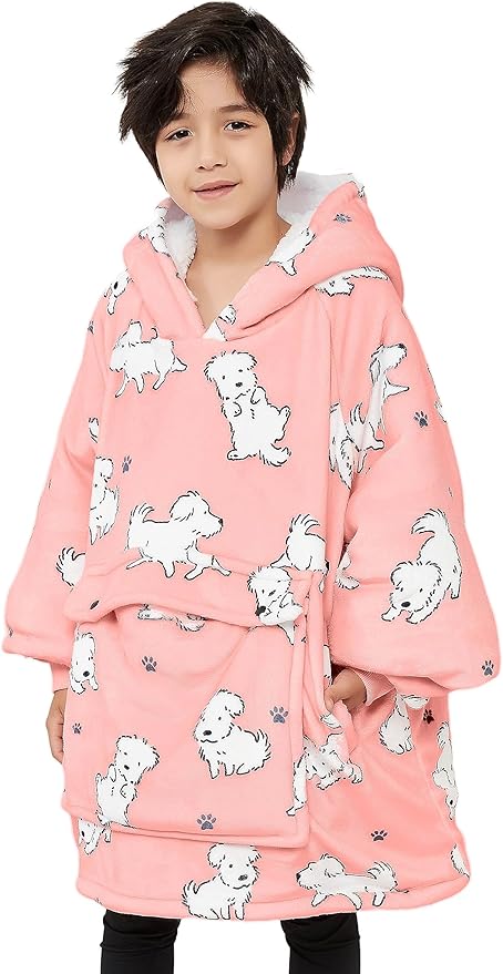 KFUBUO Wearable Blanket Hoodie for Kids Sherpa Dog Patterns Oversized Sweatshirt Blanket with Pocket 6-10 Year Old Girl Boy Birthday Gifts