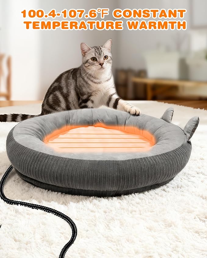 Heated Cat Bed for Indoor Pets – Constant Temperature 100.4-107.6℉ Donut Cat Heating Pad with Chew Resistant 87 Inch Cord, Washable Cover, Cozy Round Pet Bed for Small Cats Kittens Dogs