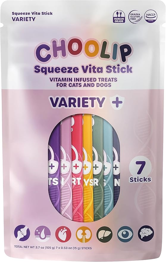 Choolip Squeeze Vita Stick Lickable Cat and Dog Treats – 7-Count Variety Pack with Multivitamins, Soft Squeezable Paste for All Life Stages, Supporting Overall Health