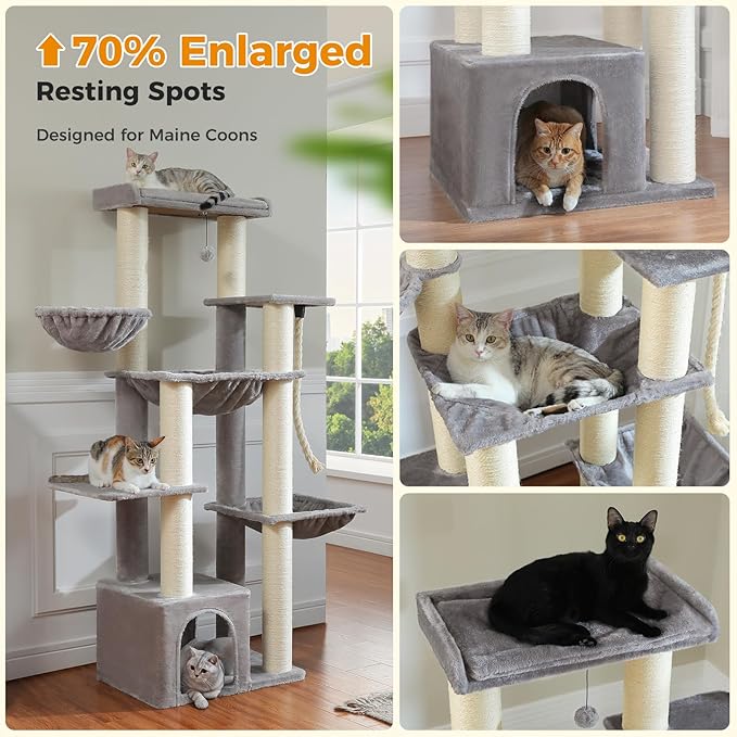 Heavy Duty Cat Tree for Maine Coon – 67" Tall Cat Tower with 7 Thick (φ4.3) Scratching Posts, XXL Cat Condo with Super Large Perch & Cozy Hammocks, Engineered for Big Cats (20+ lbs) - Gray