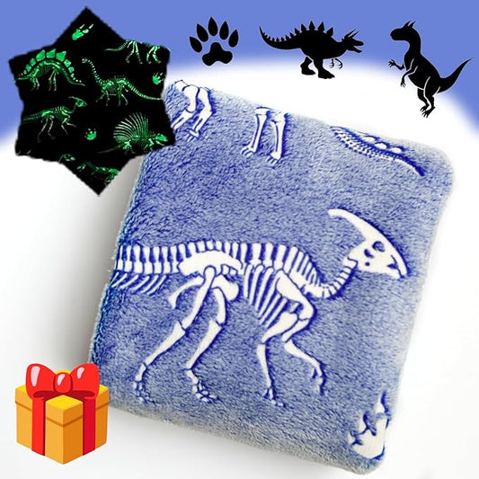 Best Gift Halloween Dinosaur Gifts Toys for Kids Boys, Fossil Pattern Blanket Glow in The Dark Throw Blanket, Soft Plush Kids Blanket, Fun Theme, Birthday Christmas, 50"*60", Blue