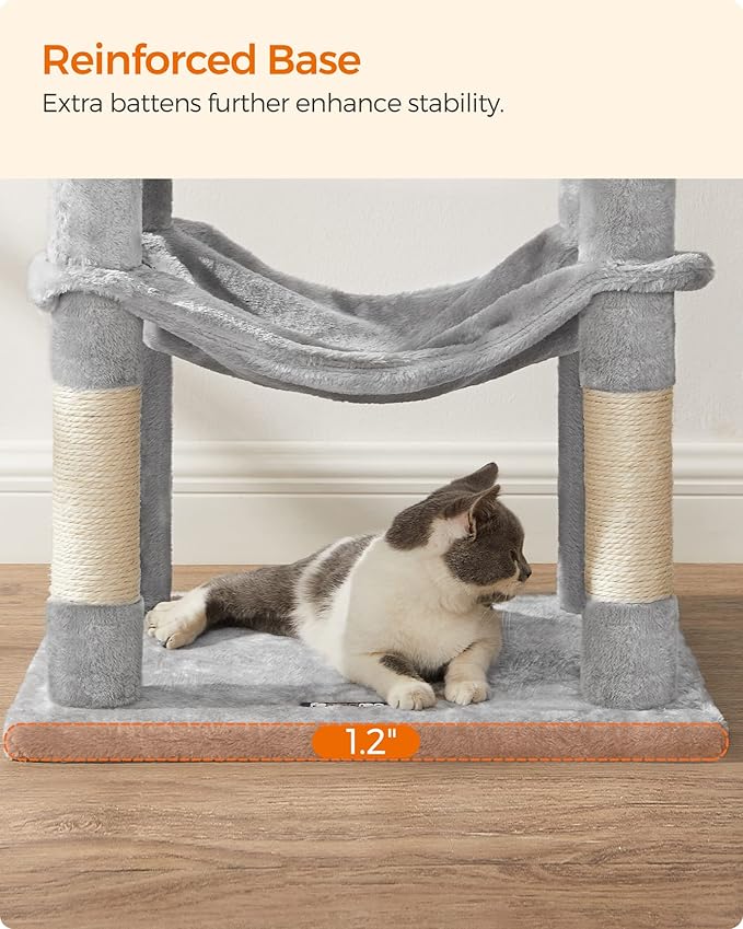 Feandrea Cat Tree, 56.3-Inch Cat Tower for Indoor Cats, Multi-Level Cat Condo with 4 Scratching Posts, 2 Perches, Hammock, Cave, Light Gray UPCT161W01