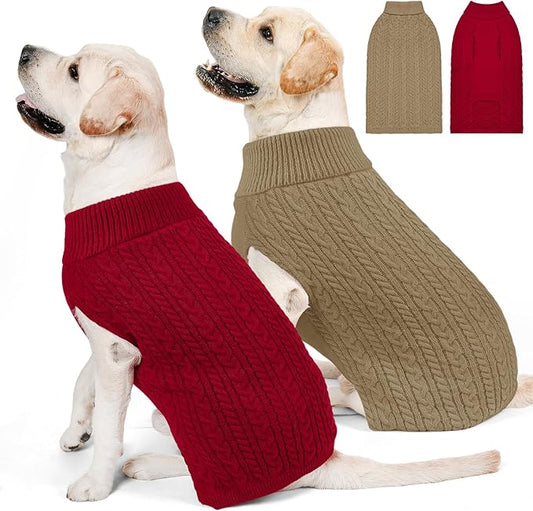 2 Pack Dog Sweaters for Big Dogs Turtleneck Pullover Cable Knit Large Size Stretch Clothes Pitbull Labrador Bulldog Doberman Boy Girl Pets Winter Clothes (XL, Red & Brown)