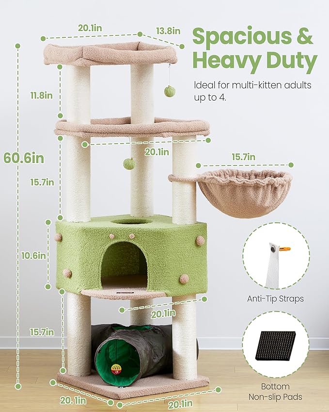 Cat Tree Tower for Indoor Cats Large Adult - Heavy Duty Extra Wide Scratching Post(φ4.4in) Maine Coon Condo House with Hammock Tunnel - 60 Inch XL Feline Bed Trees - Big Multi Level Cat Houses Stand