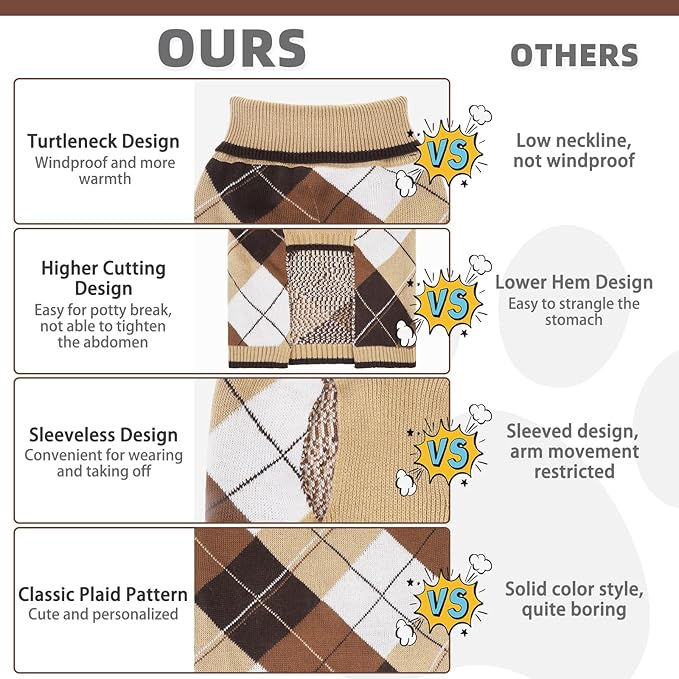 KOOLTAIL Dog Sweater Pet Knitted Clothes - Classic Plaid Pullover Turtleneck Thick Warm Fall Dog Sweaters with Leash Hole, Soft Winter Coats for Small Medium Large Dogs Cats Puppy Girls Boys, S