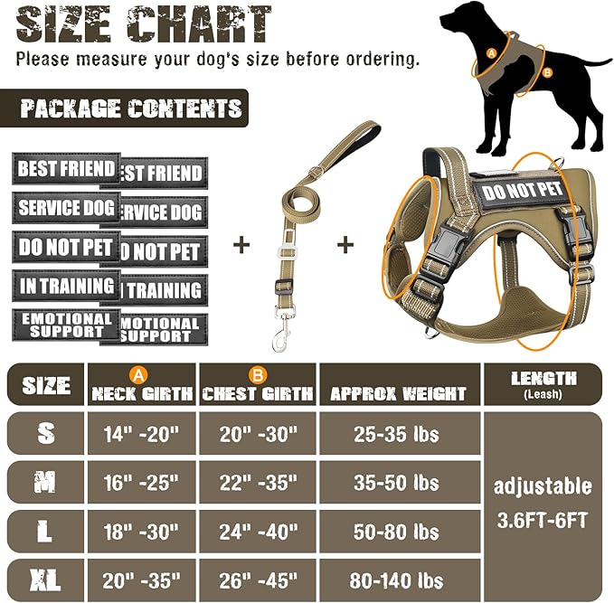Tactical Dog Harness and Leash Set for Large Dogs,Heavy Duty No Pull Service Dog Vest and 10 Patches with Dog Seat Belt,Reflective Adjustable Pet Harness for Training Walking Hiking Brown XL