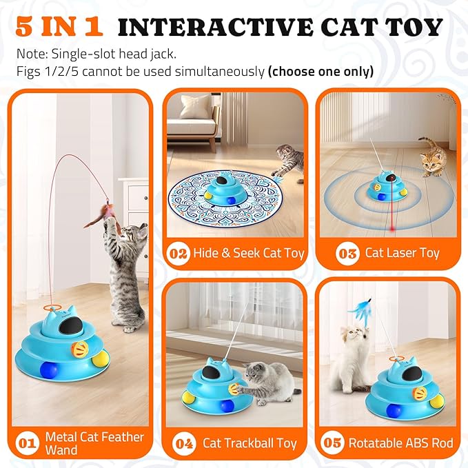 Interactive Cat Toy: 5 in 1 Automatic Cat Toy for Indoor Cats, USB Rechargeable Hide and Seek Toy with PVC Cover, Rotating Feather toys, Battery Operated Kitten Laser Toy with Feather Accessories Blue