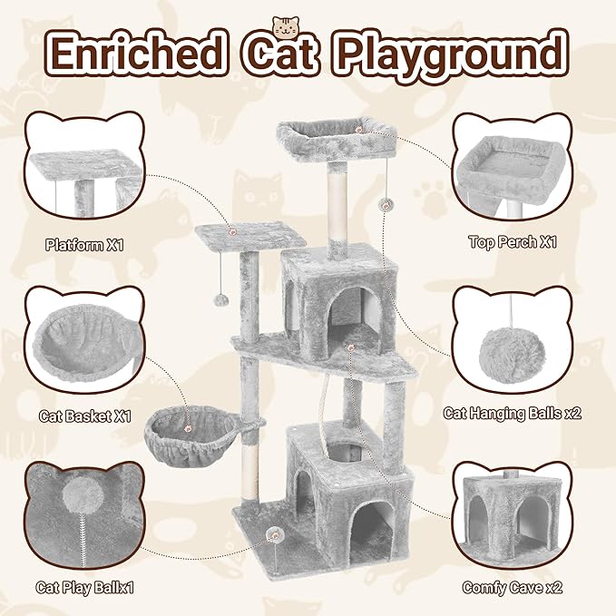 Cat Tree, 54-Inch Cat Tower for Indoor Cats,Plush Multi-Level Cat Condo with Scratching Posts, Basket, Perches,2 Caves,2 Pompoms (Light Grey)