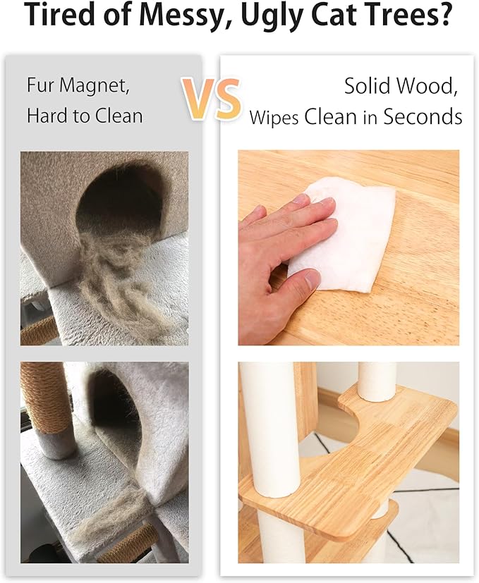 Wood Cat Tree for Large Cats, 62-Inch Tall Modern Cat Tower with Condo & Scratching Posts - Easy to Clean, Heavy-Duty, Furniture-Grade Design for Stable Climbing, Eco-Friendly (White 62'')