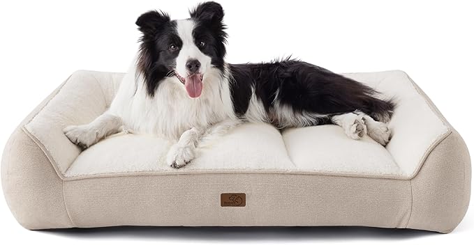 Bedsure Orthopedic Dog Beds Large Sized Dog - Extra Thick Supportive Large Dogs Bed with Waterproof Washable Cover, L Plus Comfort Pet Bed Sofa with Soft Plush Sherpa and Nonskid Bottom, Beige, 38"