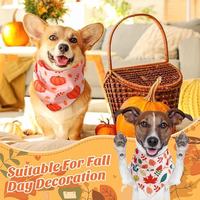 Chunful 60 Pcs Fall Bandanas for Dogs Autumn Maple Leaf Pumpkin Patterns Soft Bibs Adjustable Triangle Doggie Scarf for Small Medium Large Pet Costume(25.6 x 17.7 x 17.7 Inch)