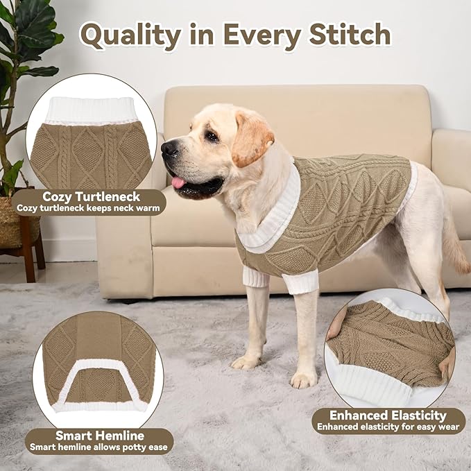 Dog Sweater for Large Dogs Argyle Cable Knit Turtleneck Pullover Winter Clothes Boys Girls Stretch Golden Retriever Labrador Bulldog Pitbull Doberman Pet (XL, Brown)
