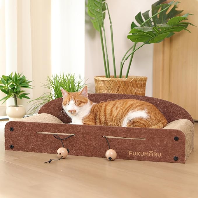 FUKUMARU 26 Inch Cat Scratcher Cardboard Lounge Bed, Durable Cat Scratcher Extra Large Lounger, 2 Reversible Cat Scratching Pads Refill for Indoor Cats, Cat Scratch Bed Cardboard Toy, Caramel Color