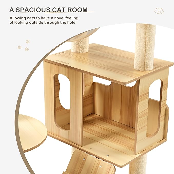 EUREKA ERGONOMIC Cat Tree Tower, 46.5 Inch Modern Cat Tower with Scratching Post, Multi-Level Large Cat Condo Wooden Cat Stand with House, Pompoms, Cat Tree with Scratch Pad (Yellow)