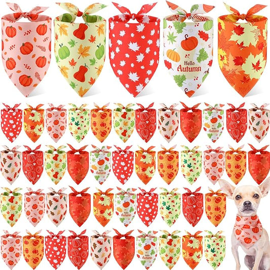 Weewooday 50 Pcs Fall Dog Bandanas Bulk for Dogs Soft Bibs Adjustable Triangle pet Bandana for Small Medium Large Costume(Leaves Pattern, 25.6 x 17.7 x 17.7 Inch)