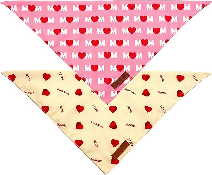 Realeaf Mothers Day Dog Bandanas 2 Pack, Reversible I Love My Mom Pet Scarf for Boy and Girl, Premium Durable Fabric, Valentines Day Bandana for Small Medium Large and Extra Large Dogs (Small)