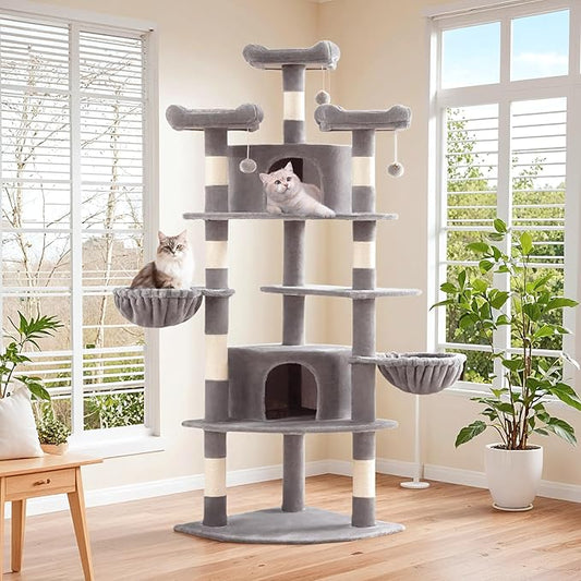 SHA CERLIN 73" Space-Saving Cat Tree/Multi-Level Tall Cat Tower with Perches/Scratching Posts/Condo & Hanging Baskets/Modern Fan-Shaped Design for Indoor Kitties/Pet Activity House/Grey