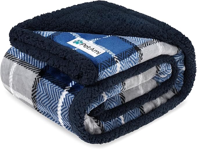 PetAmi Waterproof Dog Blanket for Medium Large XL Dog Puppy Cat Throw for Couch Cover Leakproof Protection, Sherpa Fleece, Reversible Soft Washable 80x60 Plaid Navy Blue