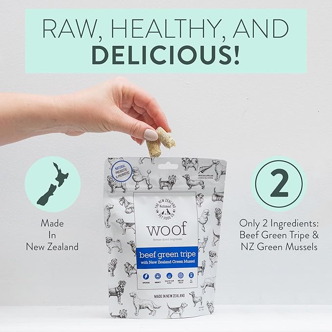 The New Zealand Natural Pet Food Co WOOF Freeze Dried Dog Treats - Beef Green Tripe, High Protein, Treats Small & for Large Dogs, Natural, Topper or Dog Treat, 1.4 oz