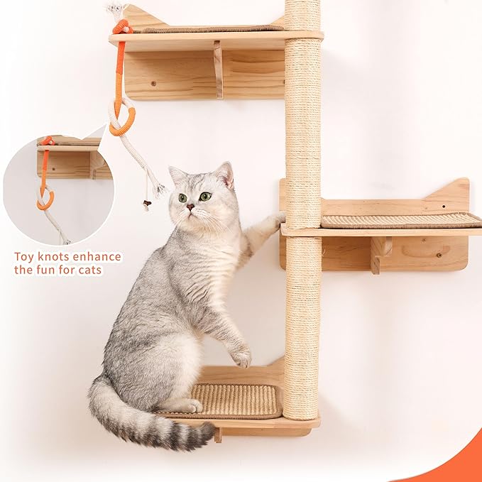 KVIDA Wall-Mounted Cat Tree – 7PCS Solid Wood Set with 3 Sisal Posts, Wide Perches & Lookout Tower, Space-Saving Climbing Furniture for Large Indoor Cats